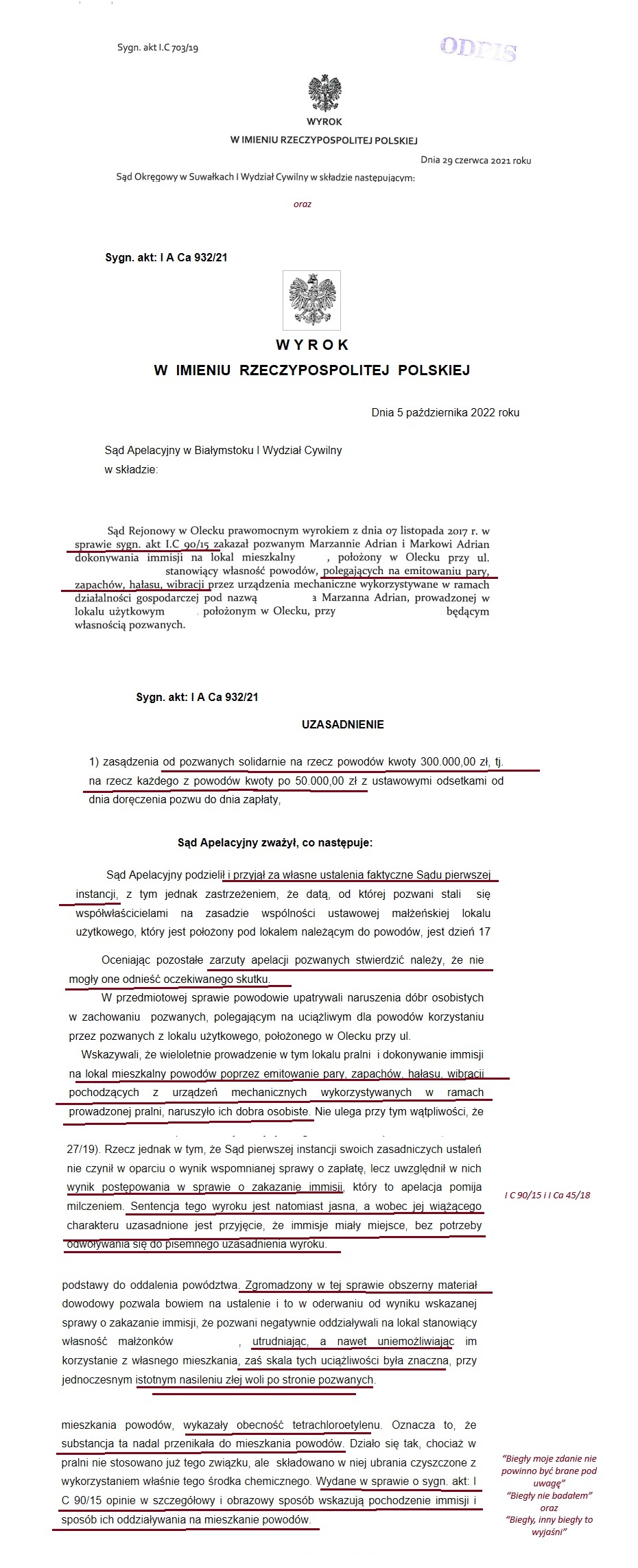 Wyrok Sądu Apelacyjnego w Białymstoku (I ACa 932/21): ustalenia o tetrachloroetylenie wracają jako podstawa rozstrzygnięcia.