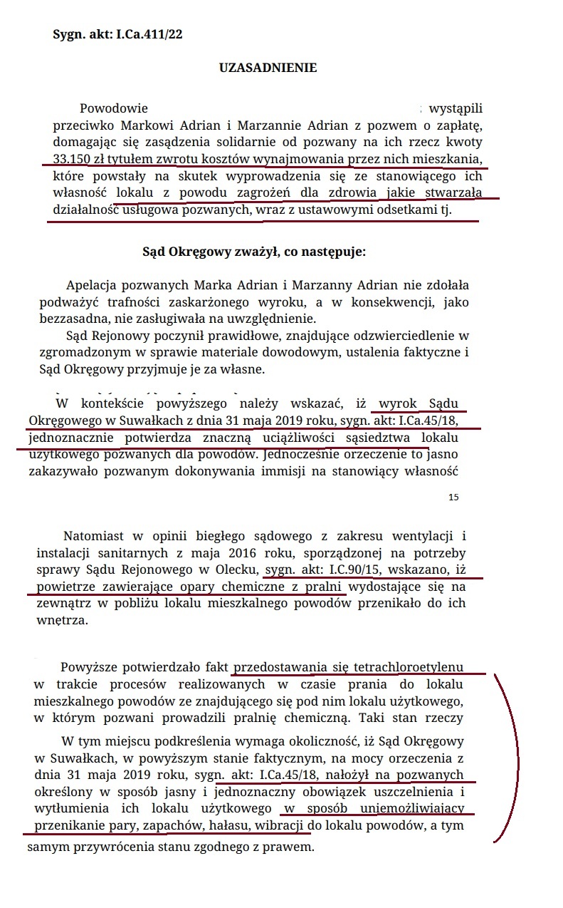 Uzasadnienie I Ca 411/22 (Sąd Okręgowy w Suwałkach): wcześniejsze ustalenia o przenikaniu tetrachloroetylenu przyjęte jako „jednoznaczne”.