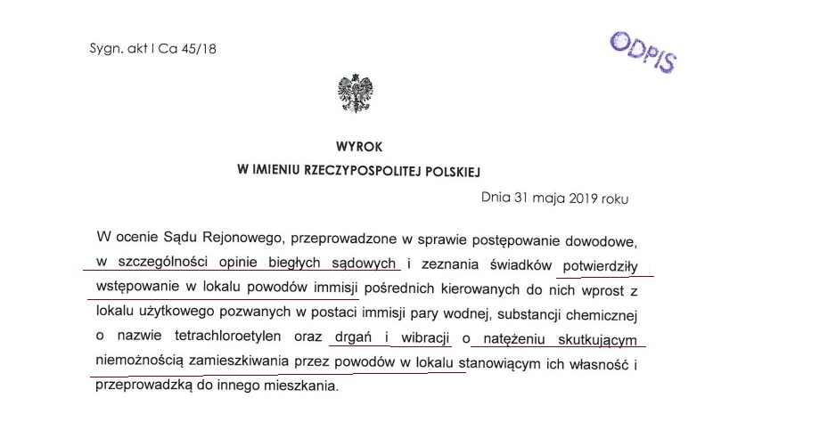 Wersja z rozstrzygnięcia I Ca 45/18: immisje z pralni o natężeniu uniemożliwiającym zamieszkiwanie.