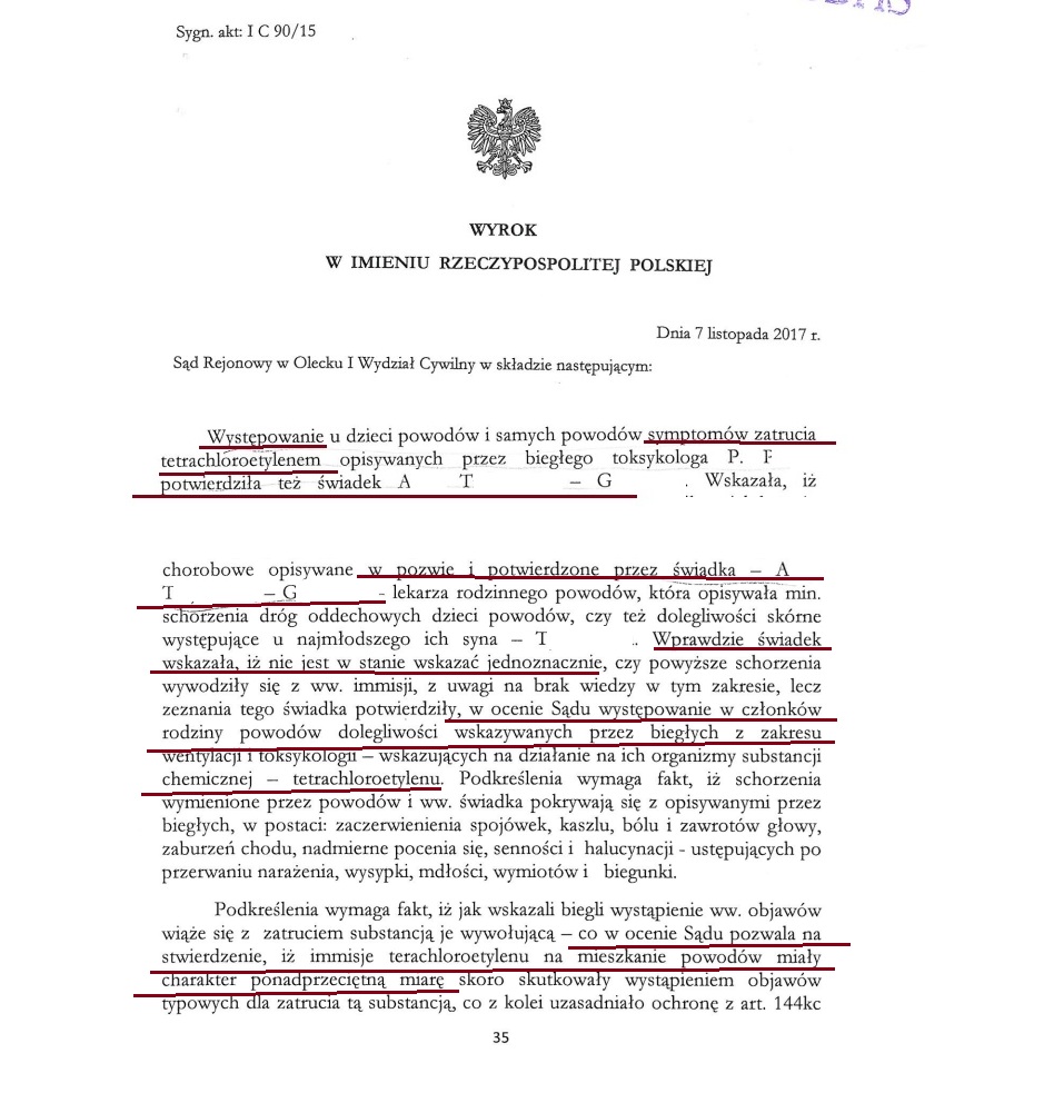 Wyrok I C 90/15 (Sąd Rejonowy w Olecku, 7.11.2017): sąd pisze, że objawy zatrucia opisał biegły toksykolog, a „potwierdziła” je lekarka.