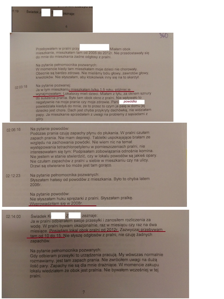 Zeznania świadków strony pozwanej, mieszkających tuż za ścianą pralni.