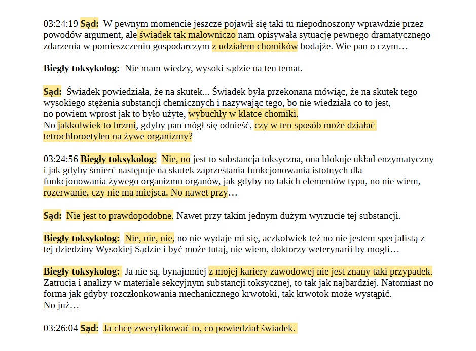 Nagranie rozprawy (I C 90/15): biegły toksykolog odnosi się do zeznania o „wybuchu” chomików.