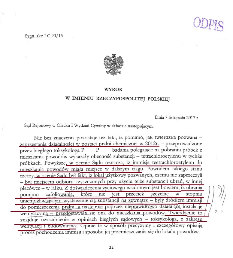 Wyrok I C 90/15 (Sąd Rejonowy w Olecku, 7.11.2017): „z doświadczenia życiowego wiadomym jest…”, że substancja przenikała do mieszkania.